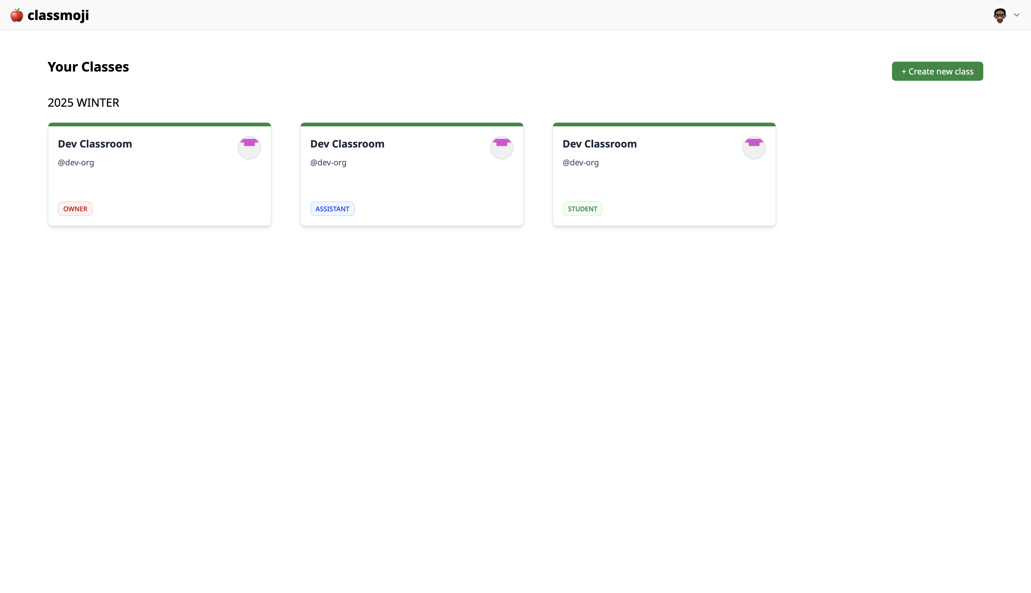 Dev classroom showing Owner, TA, and Student roles
