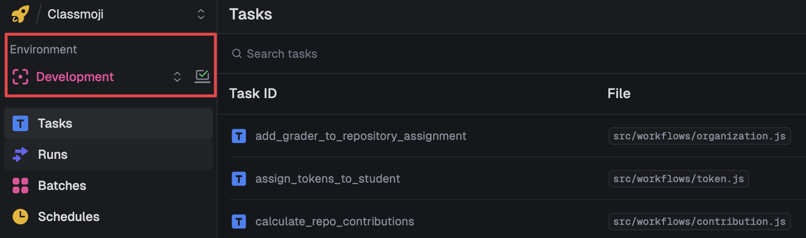 Trigger.dev sidebar showing Development environment and API Keys
