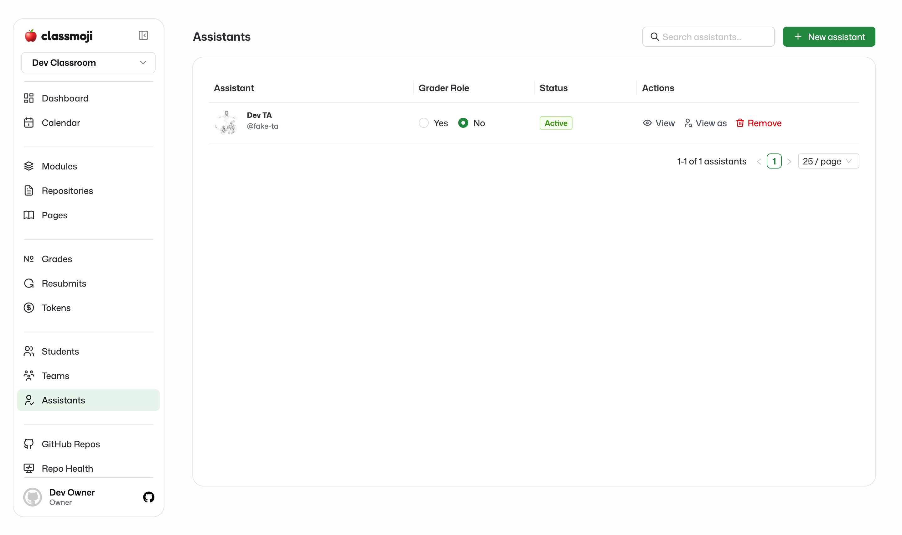 The Assistants list showing a TA with a grader-role toggle and status
