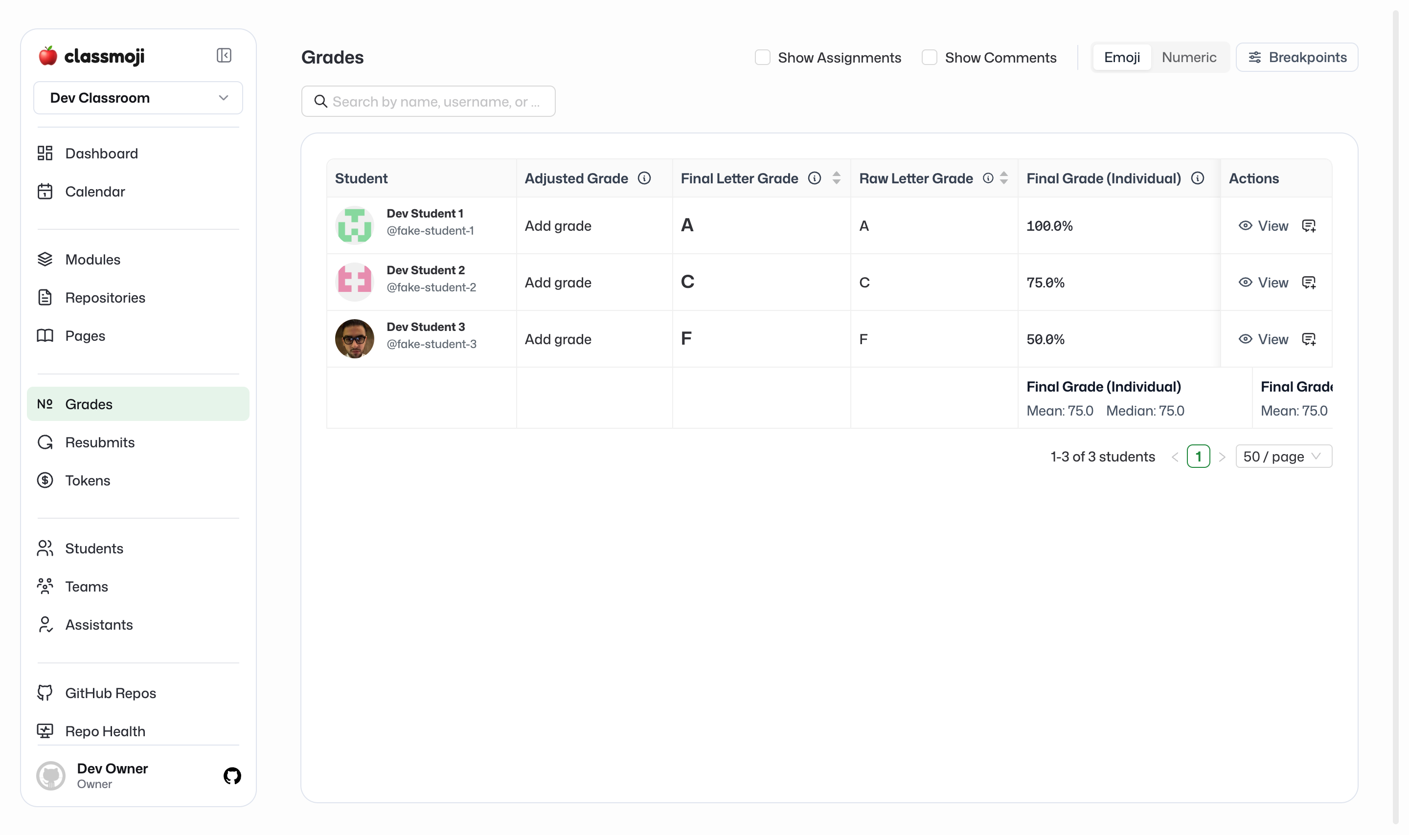 The gradebook showing students with letter grades, raw grades, and final grade columns