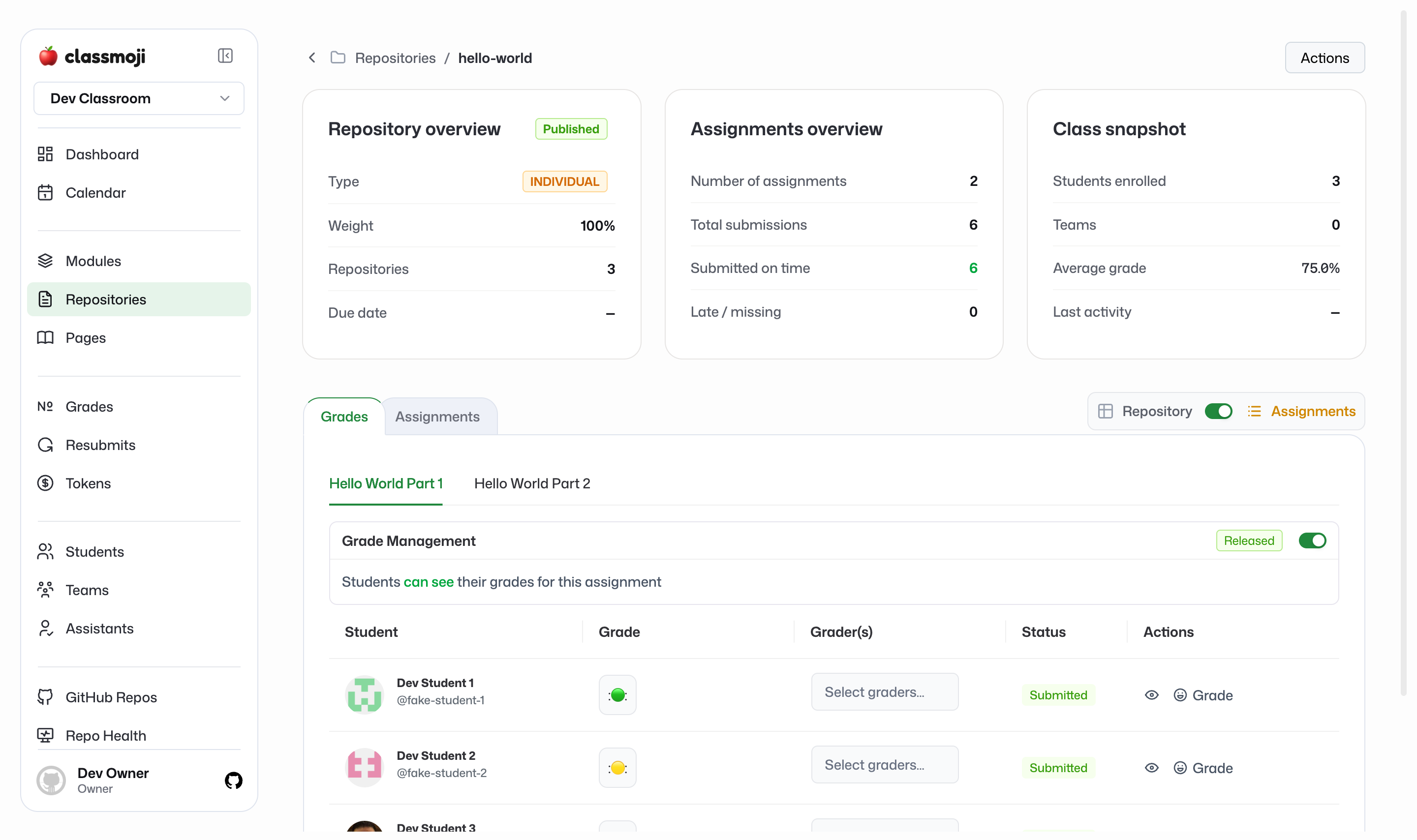 A repository's grading view with per-student submission rows, emoji grades, graders, and a release toggle