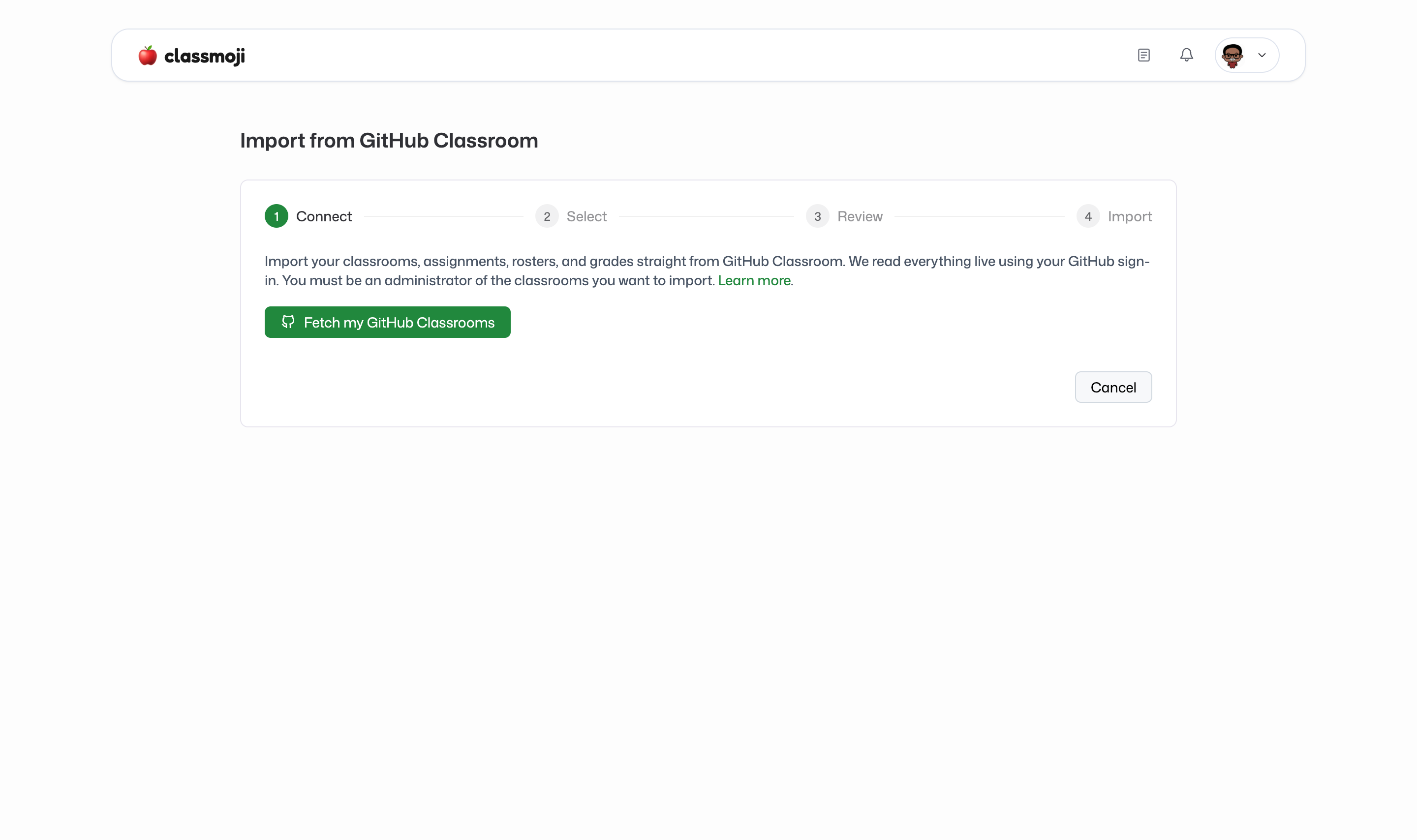 The import wizard's Connect step with a button to fetch your Github Classrooms