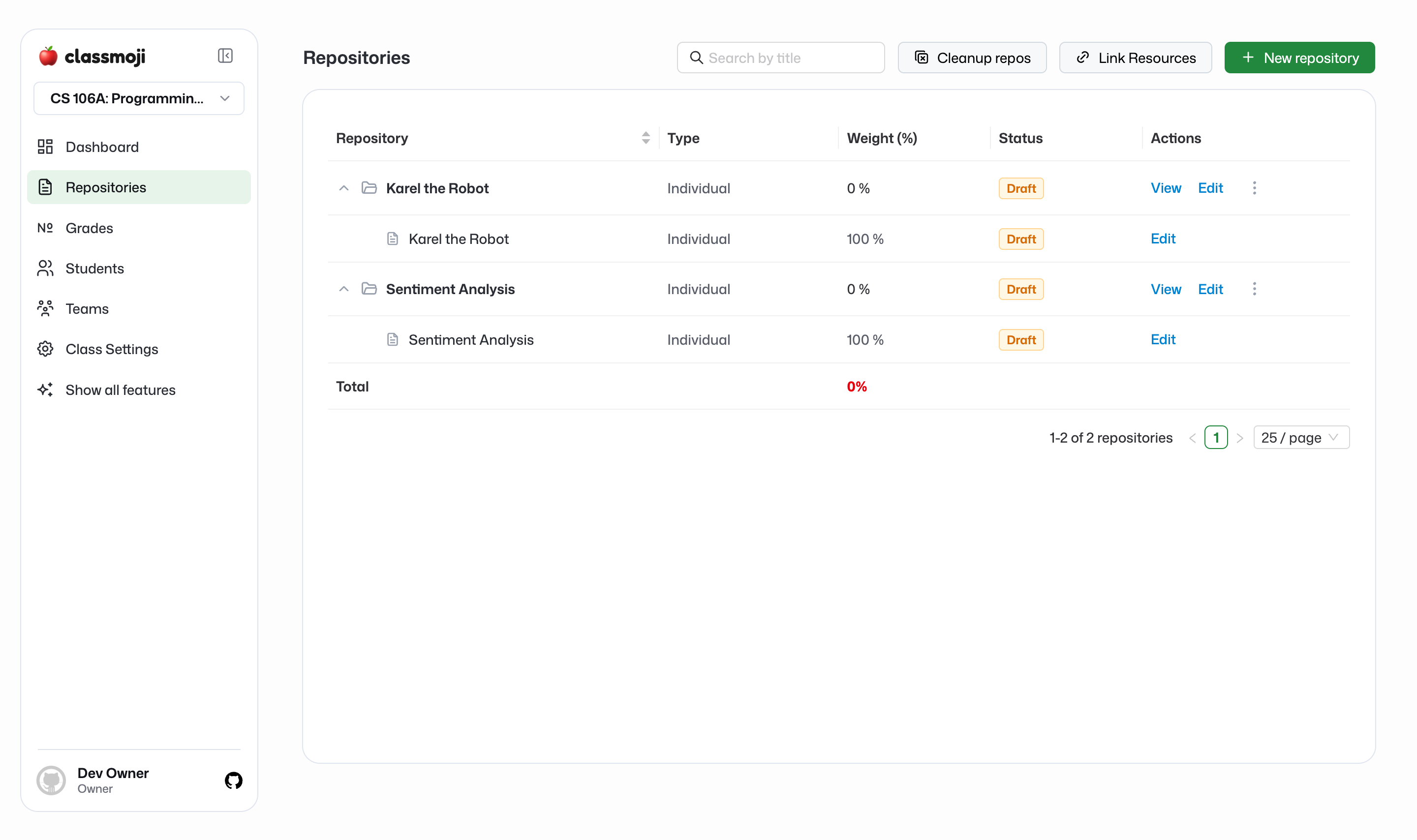 An imported classroom's Repositories list showing each assignment as a published, unweighted repository
