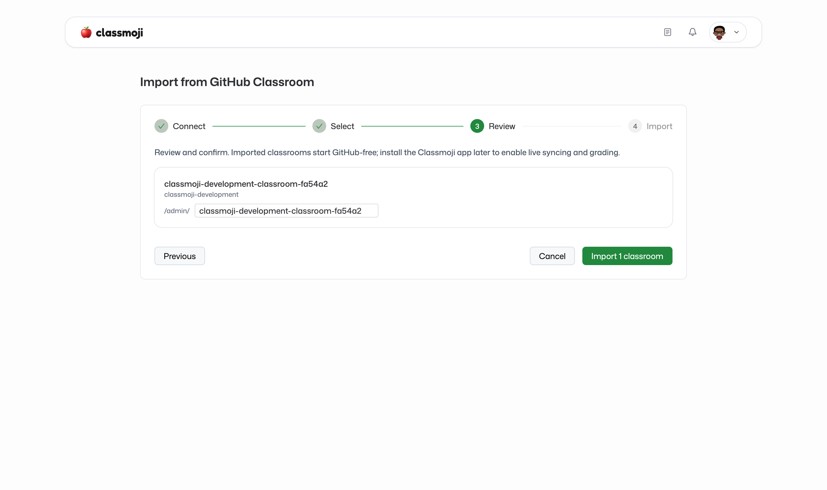 The review step showing each classroom's editable slug before importing