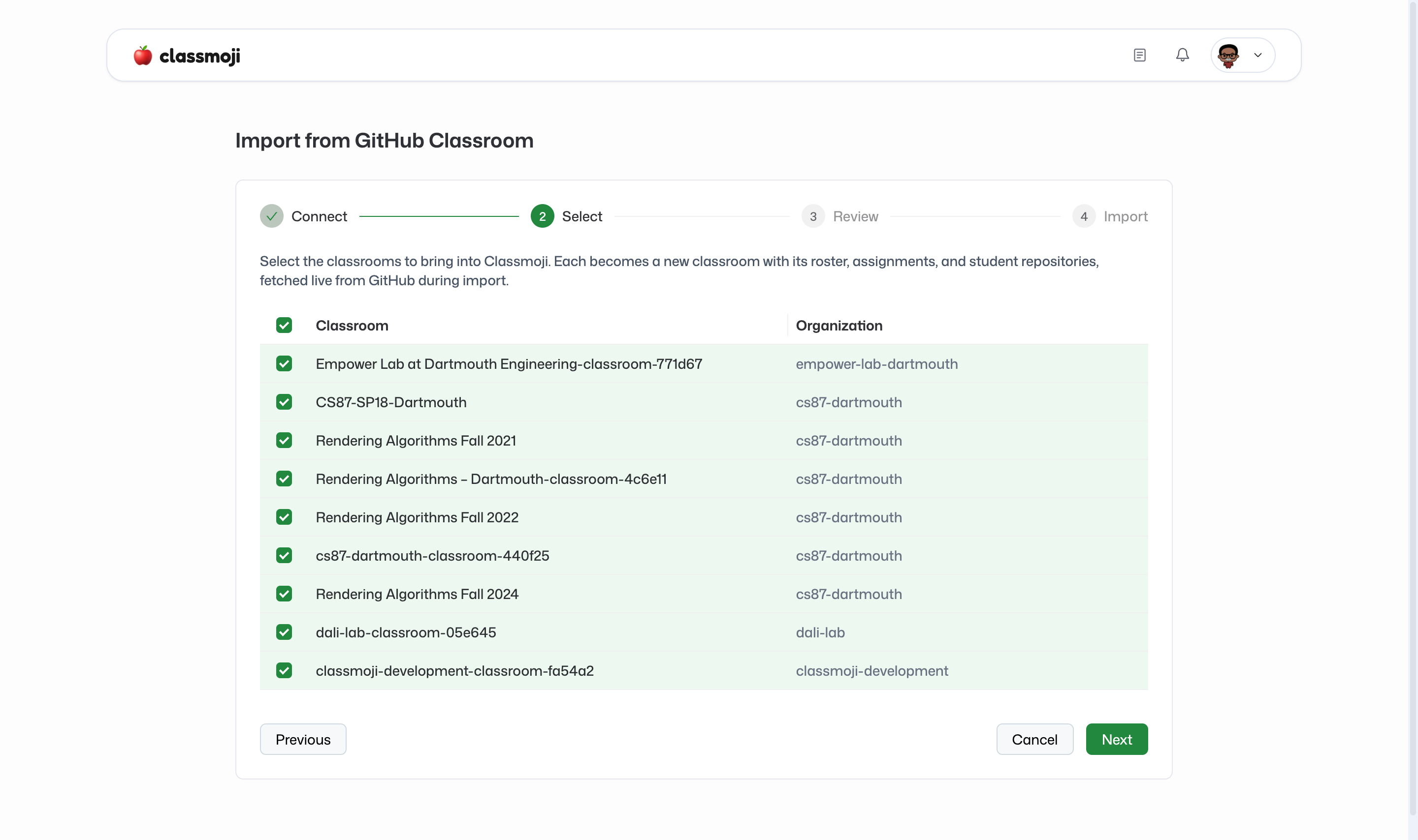 The select step listing the classrooms you administer with their Github organization