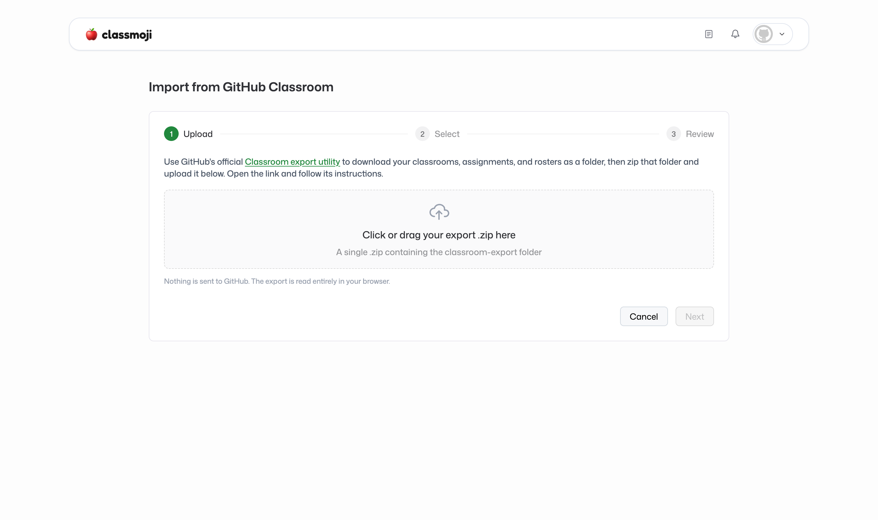 The import wizard's upload step with a drag-and-drop area for the export .zip