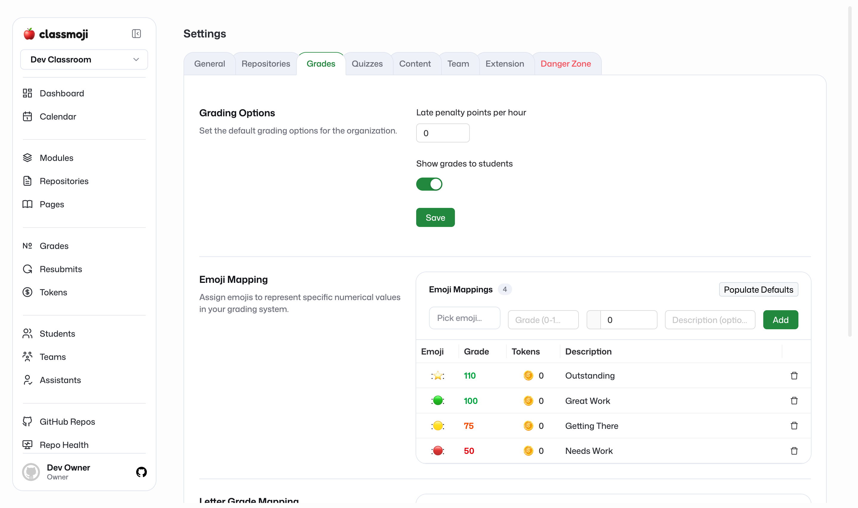 Settings > Grades showing the emoji-to-value mappings and the Populate defaults button