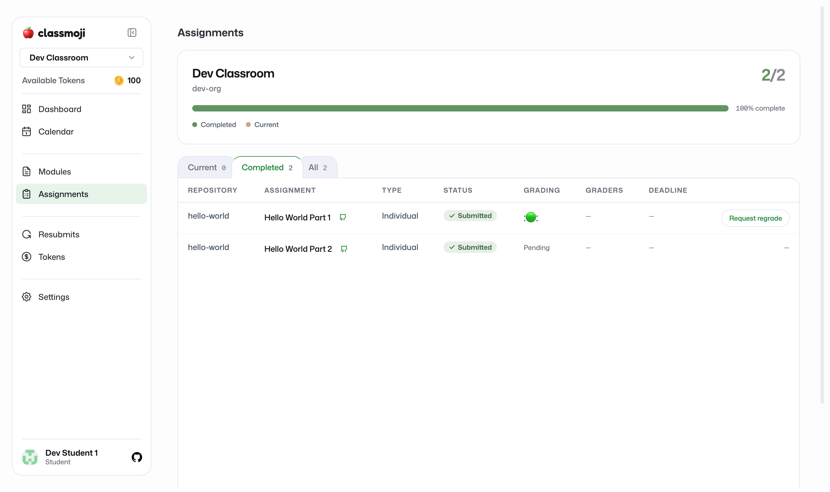 A student's assignments list showing submitted status, grade, and a link to the Github issue