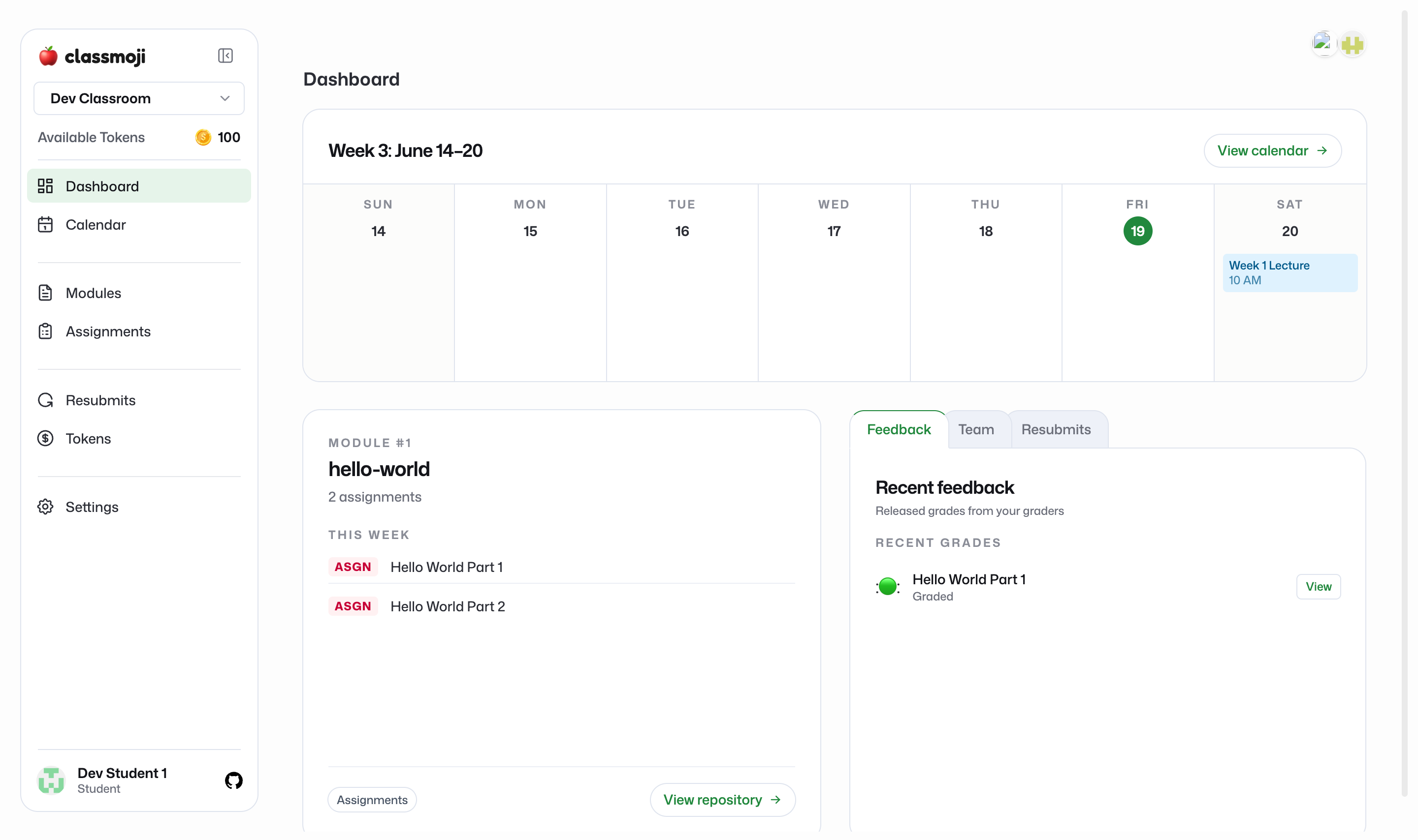 A student dashboard with the Recent feedback card showing a released emoji grade