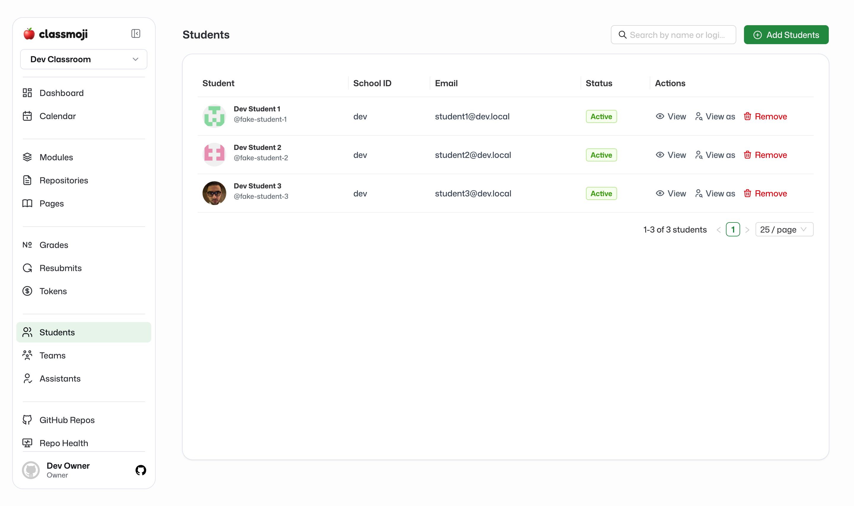 The Students roster showing enrolled students with status and per-row actions