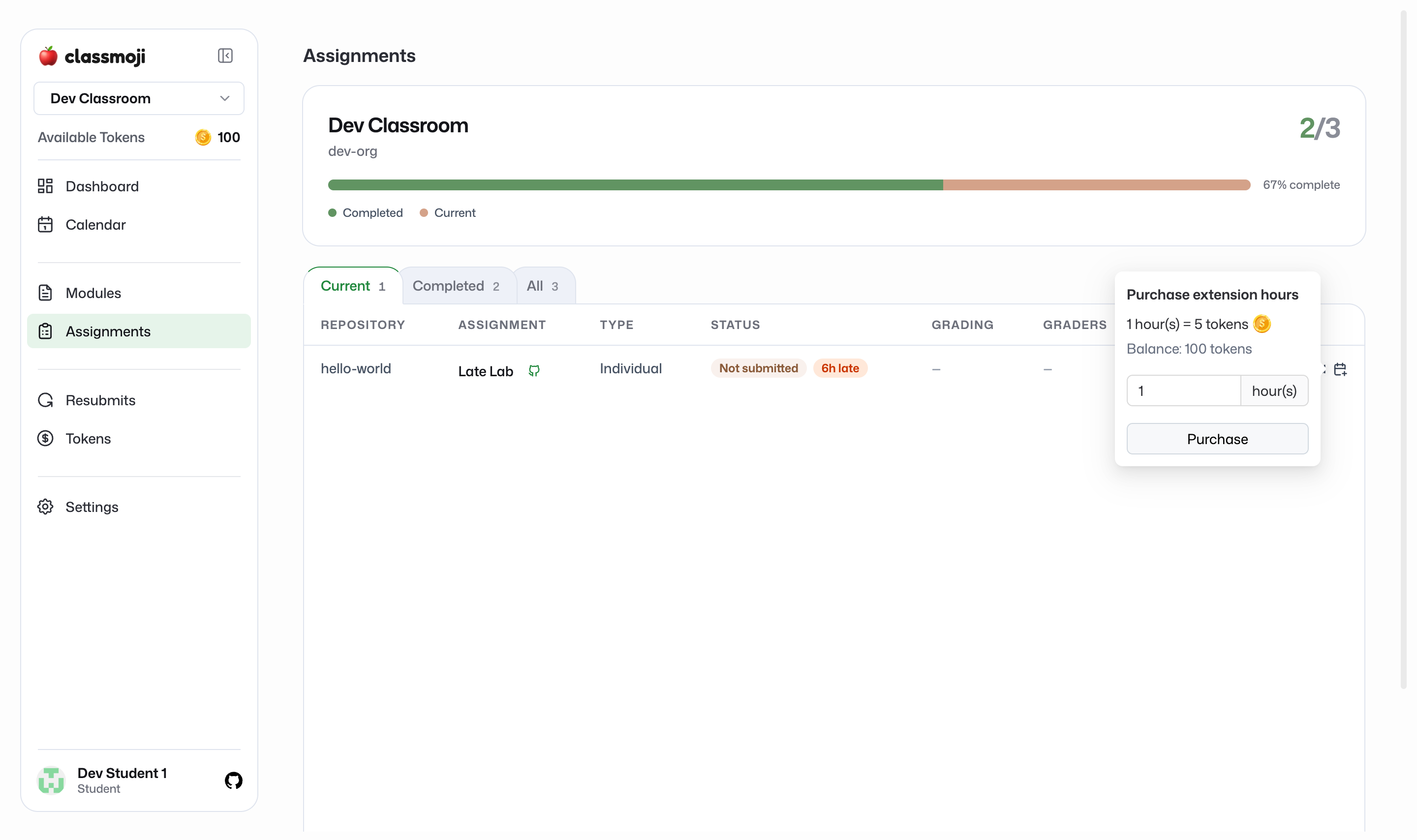 The extend popover on a late assignment showing hours, token cost, and balance