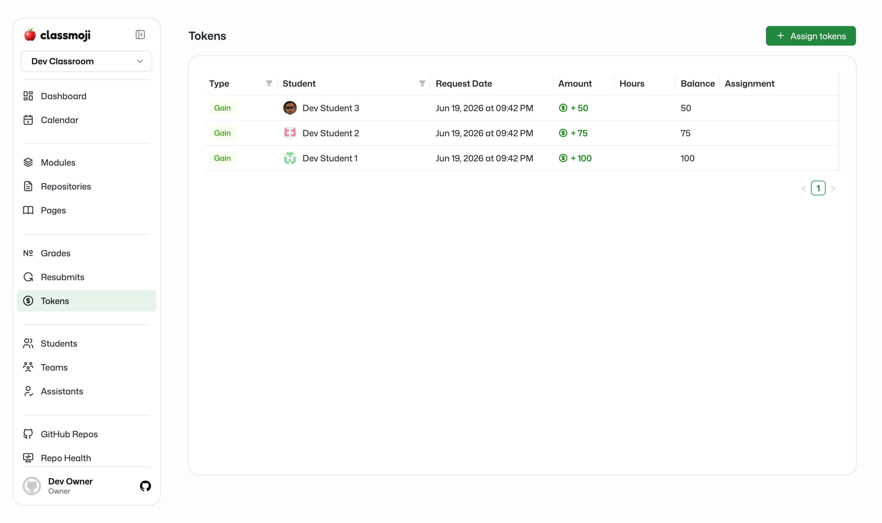 The Tokens page showing a log of token grants per student with running balances