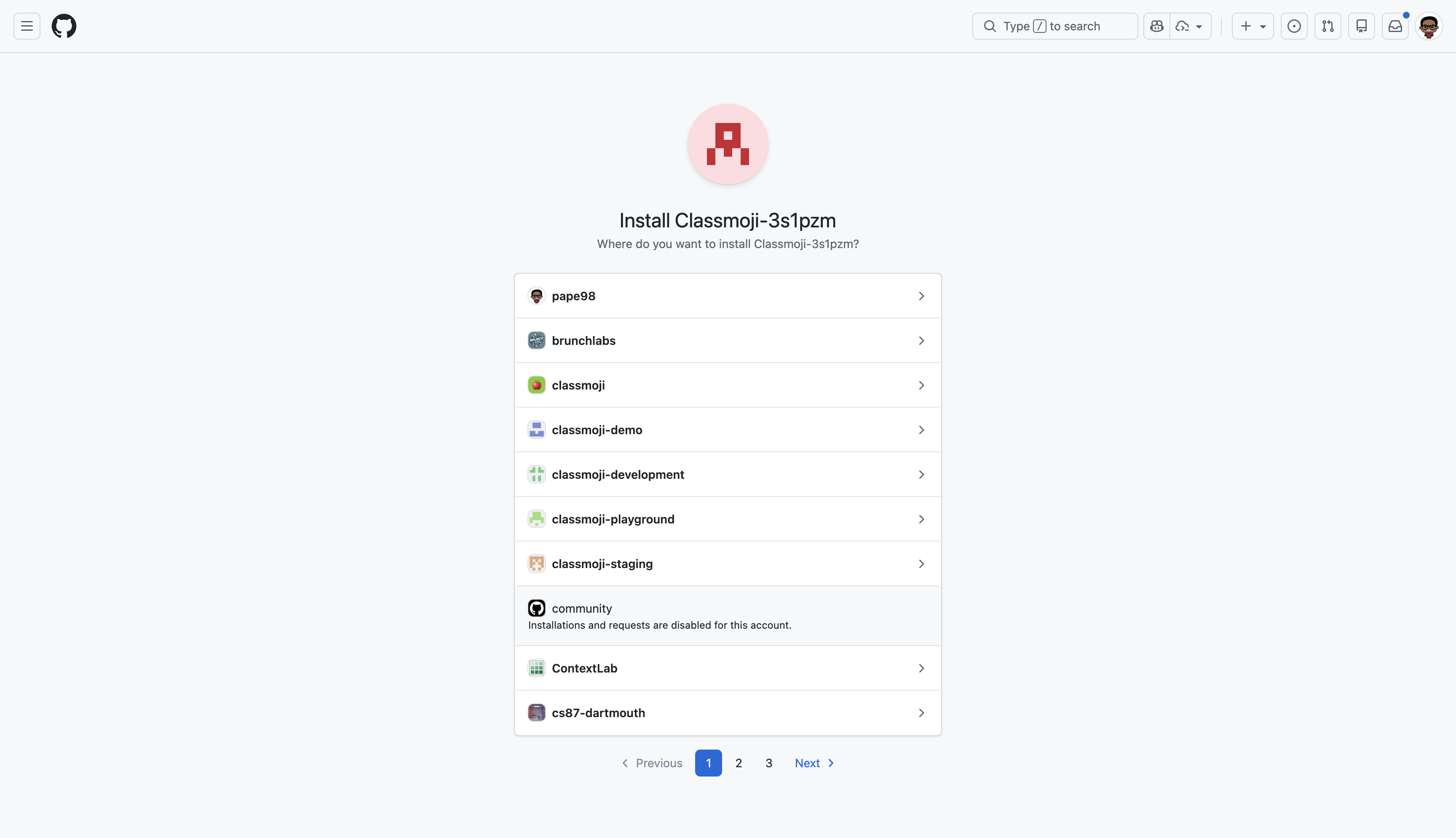 GitHub App installation page for selecting an organization