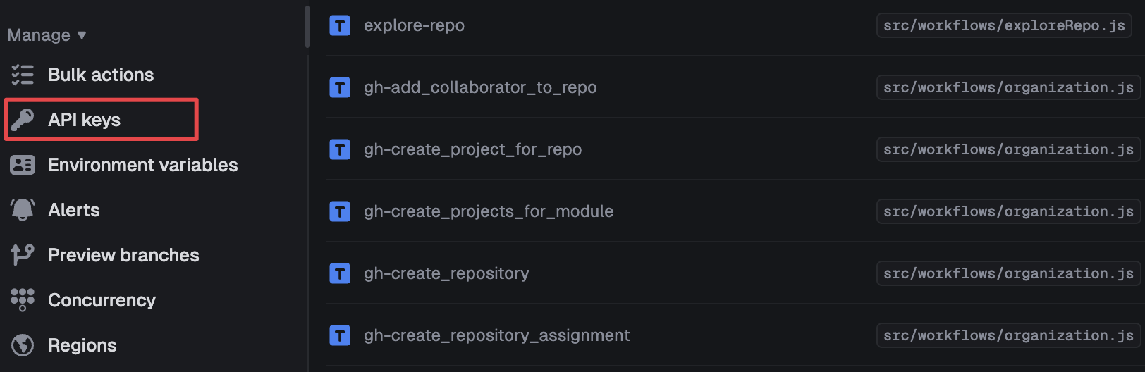 Trigger.dev API keys tab showing a development key