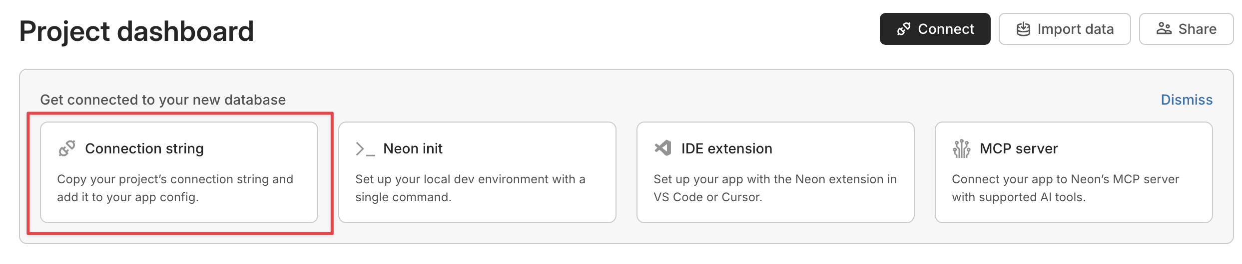 Neon project dashboard showing the Connection string card