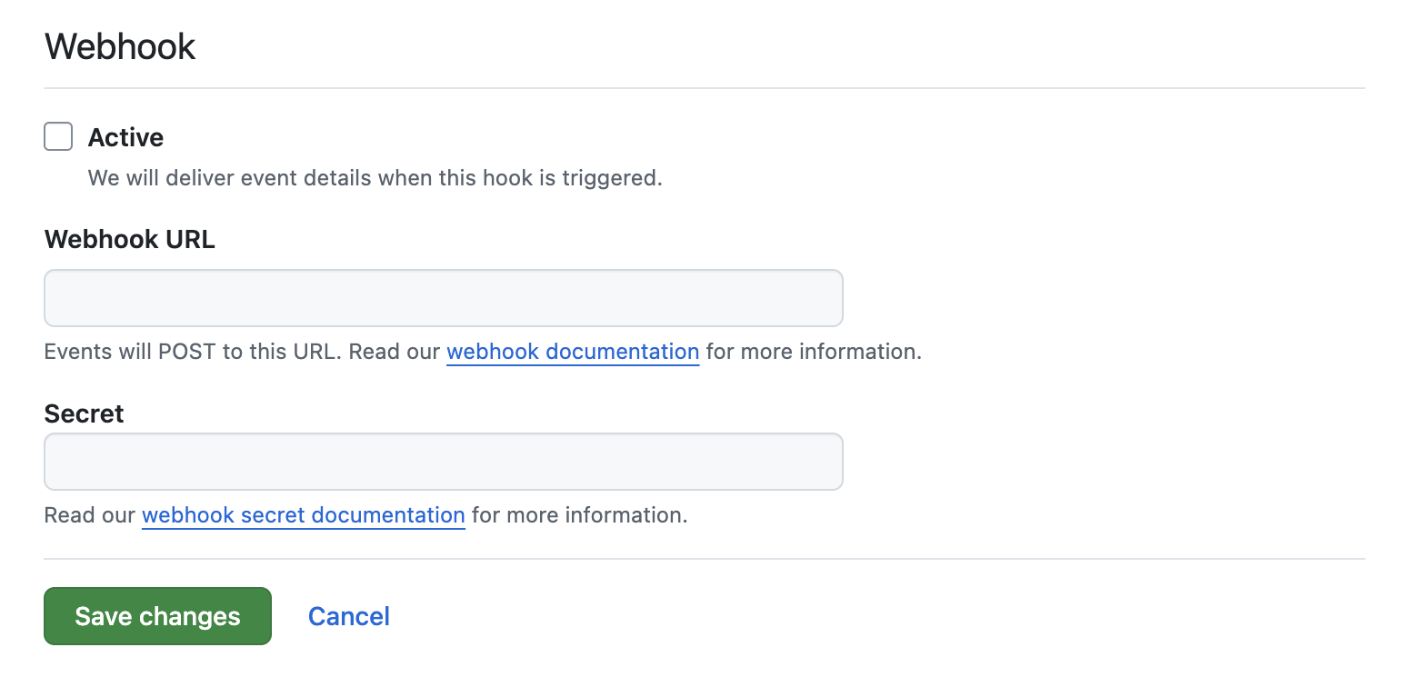 GitHub App settings showing the Webhook URL field
